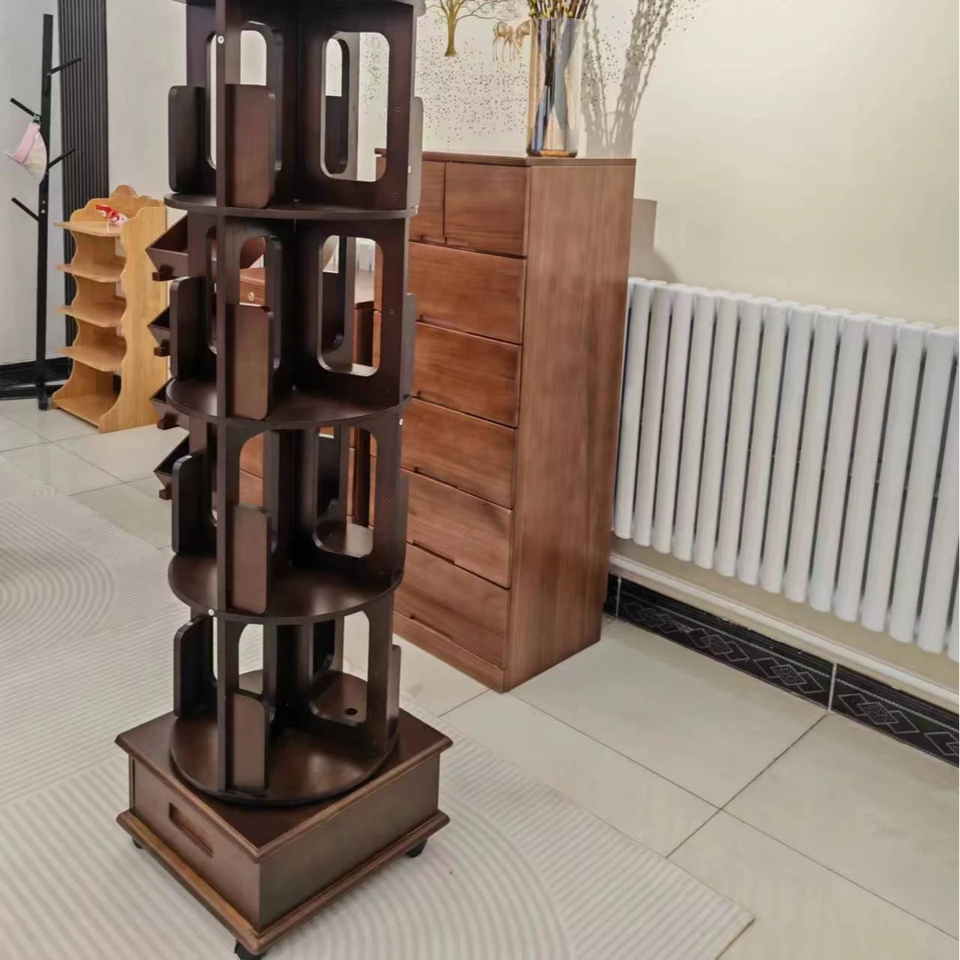 实木中式旋转书架360度收纳架置物架家用落地客厅可移动儿童书柜