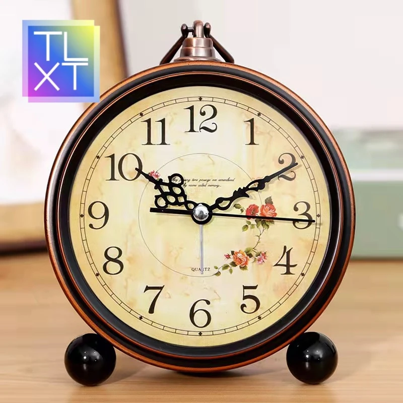 闹钟复古金属台钟儿童学生卧室床头静音座钟客厅欧式简约