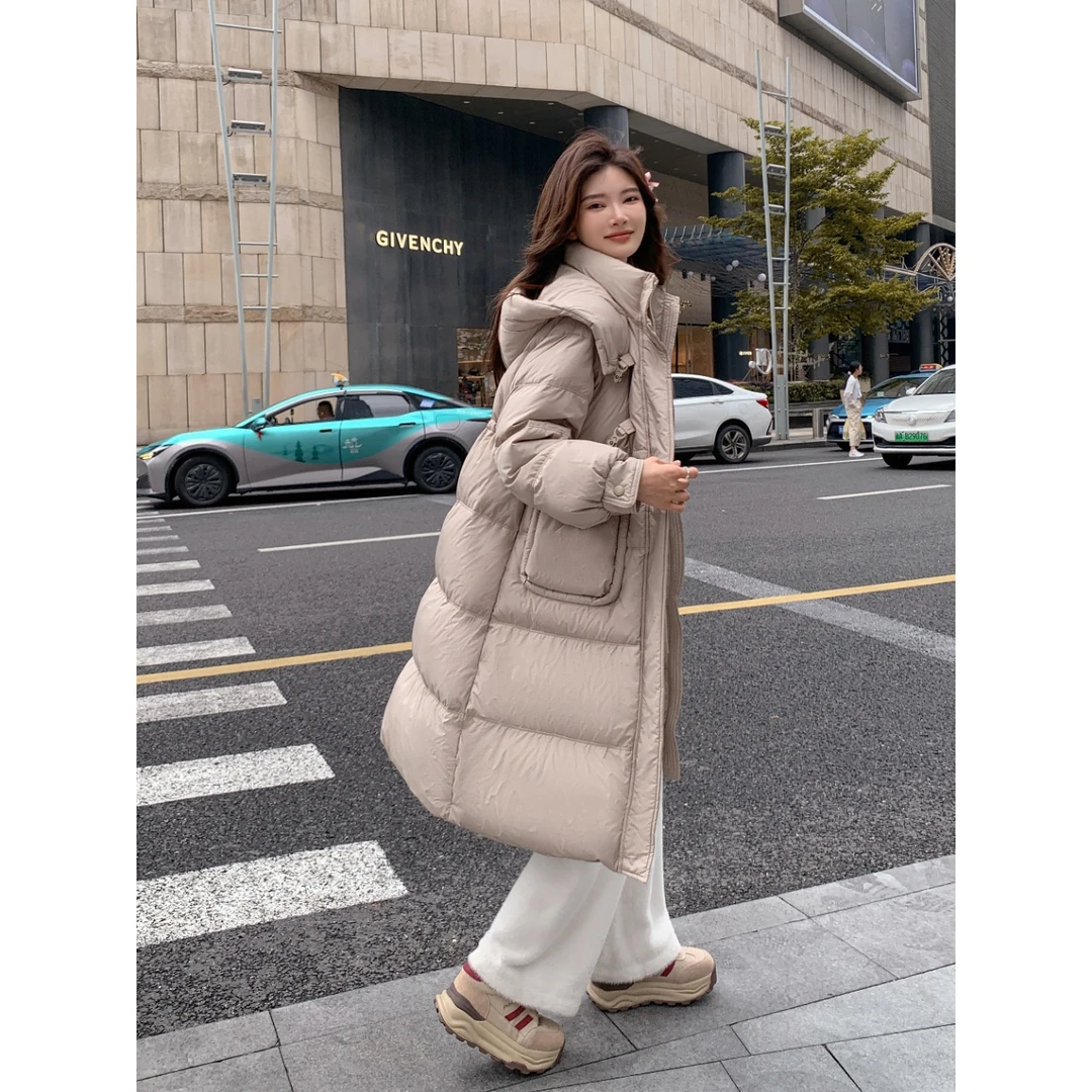 RQ3438韩版羽绒服女中长款新款时尚长过膝抽绳收腰宽松加厚冬季