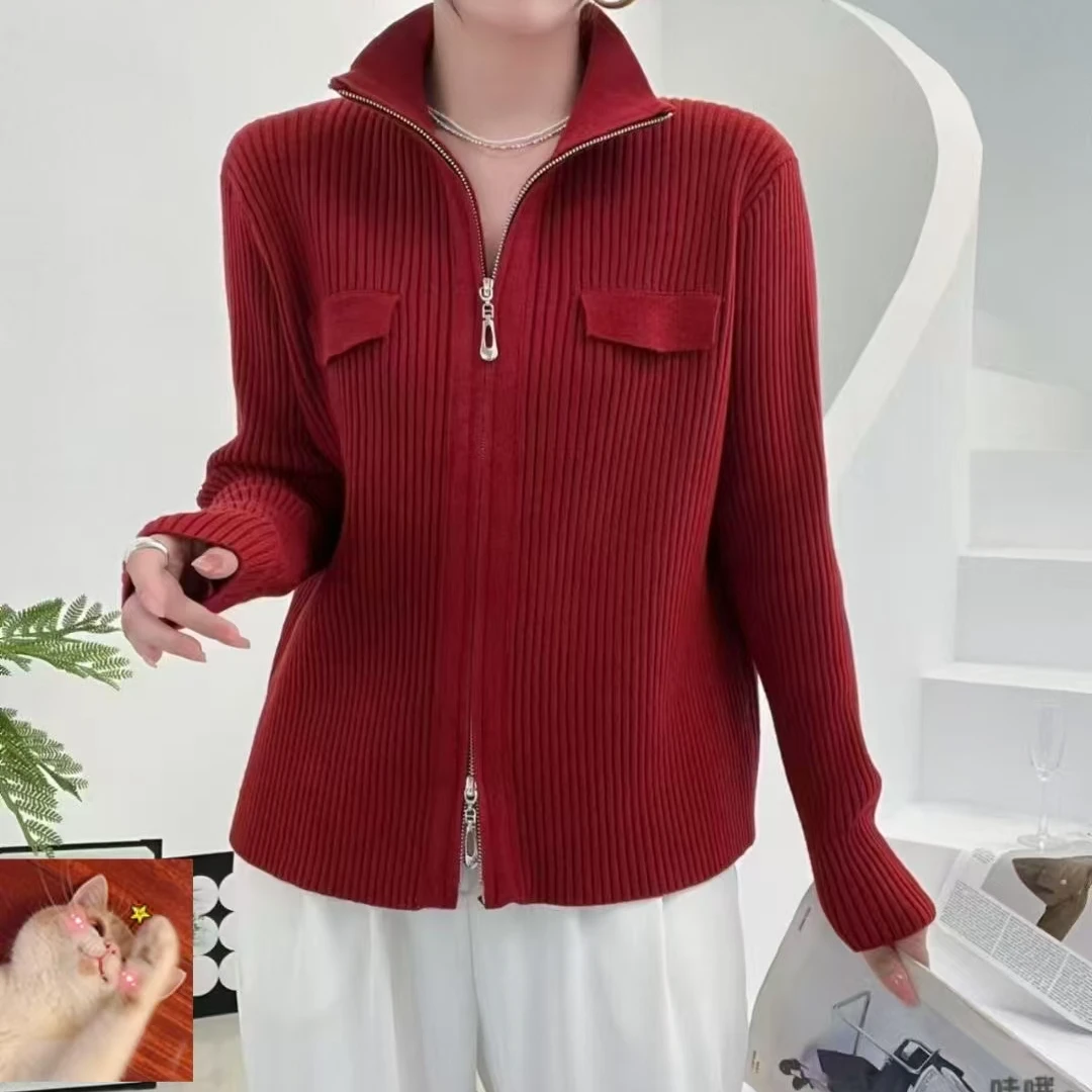 A16  秋季新品显瘦气质拉链纯色长袖针织衫
