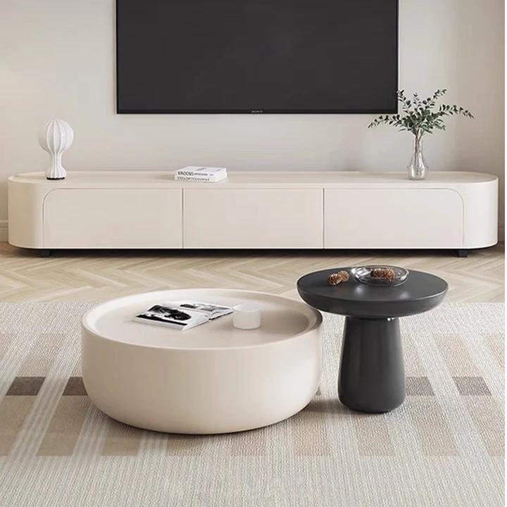 ins法式奶油风茶几电视柜组合小户型客厅家用现代简约圆形米白色