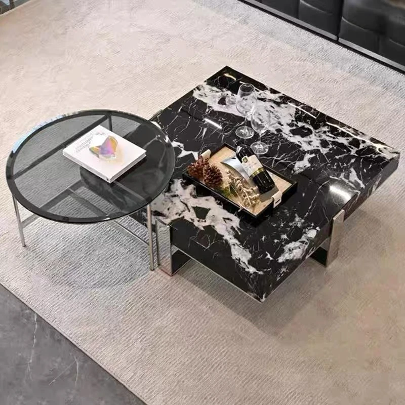 意式极简大理石茶几客厅家用大气轻奢宝格丽黑正方玻璃茶几组合