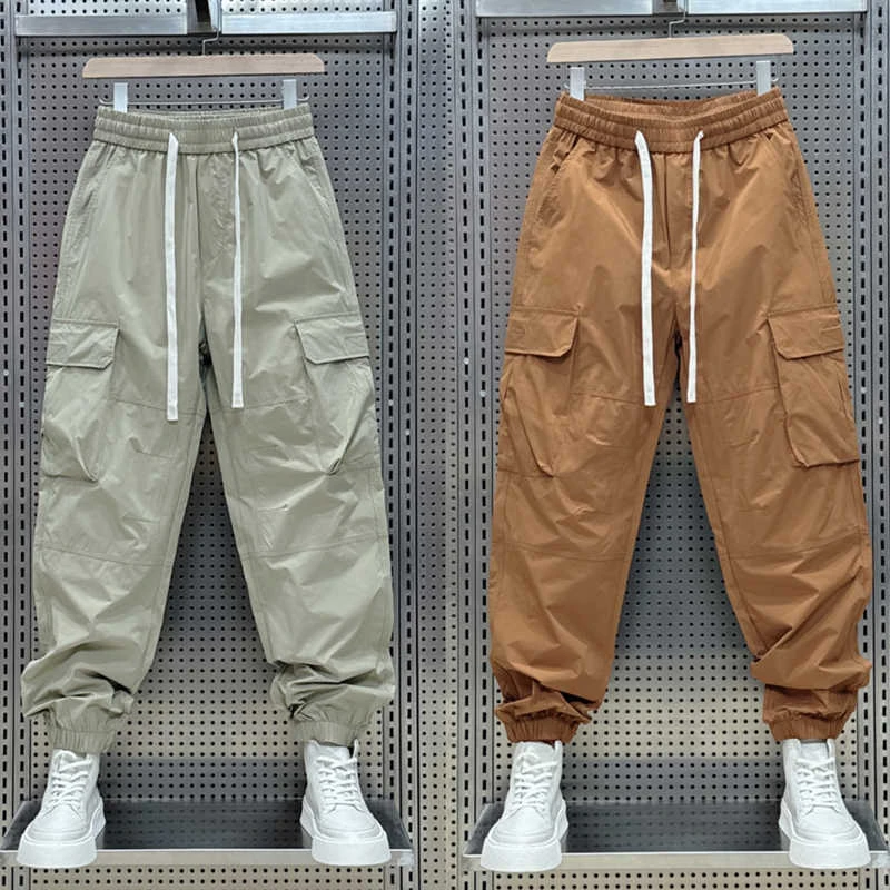 纯色微垮工装裤男帅气多口袋裤子潮男装户外松紧腰抽绳束脚休闲裤