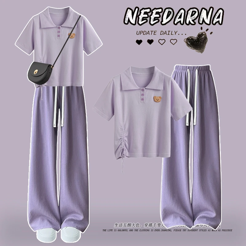 夏装女童套装短袖t恤12-15岁中大童洋气小个子冰丝阔腿裤两件套潮