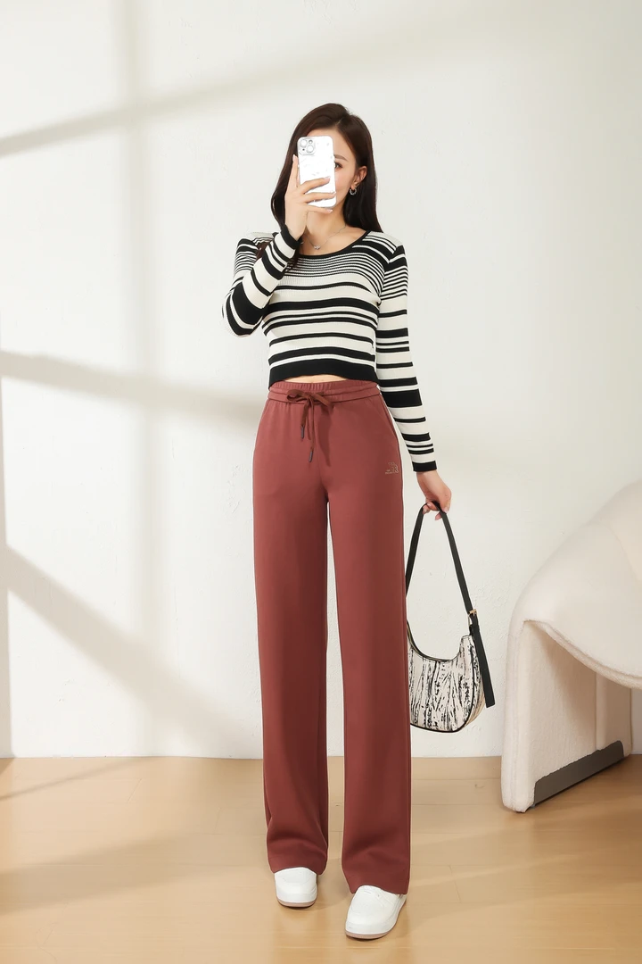 3109显瘦垂感拖地裤运动条纹阔腿秋季裤弯刀裤