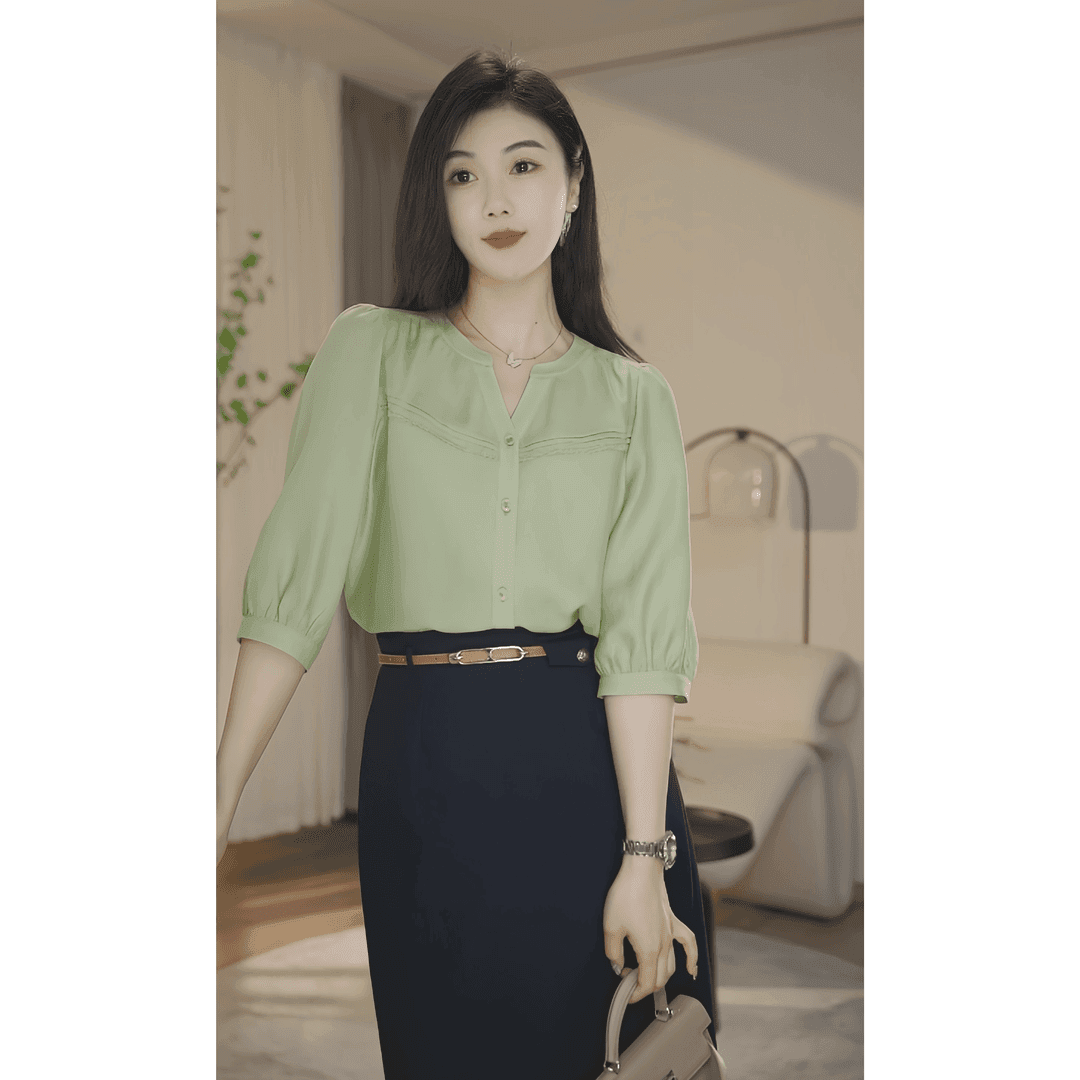 【四季靑】曼贝8492433绿色小衫女职业纯色春夏时尚女百搭通勤气质