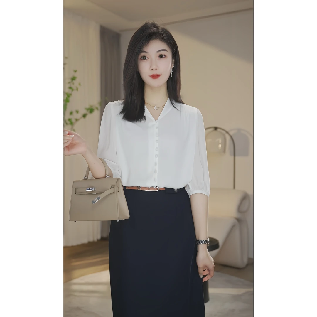 【春兰】曼贝8492432白色衬衫女职业纯色春夏时尚百搭通勤气质轻奢