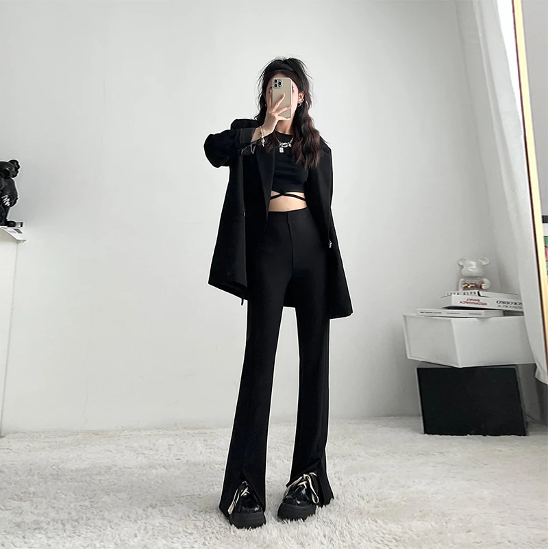 秋冬黑色休闲开叉微喇拖地百搭垂感宽松显瘦显腿长高腰直筒西装裤