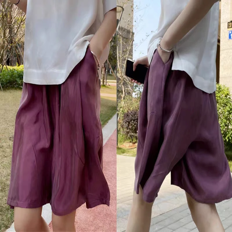 阔腿裤女夏季重磅铜氨丝女裤宽松薄款裤松紧裤中裤女大码短裤