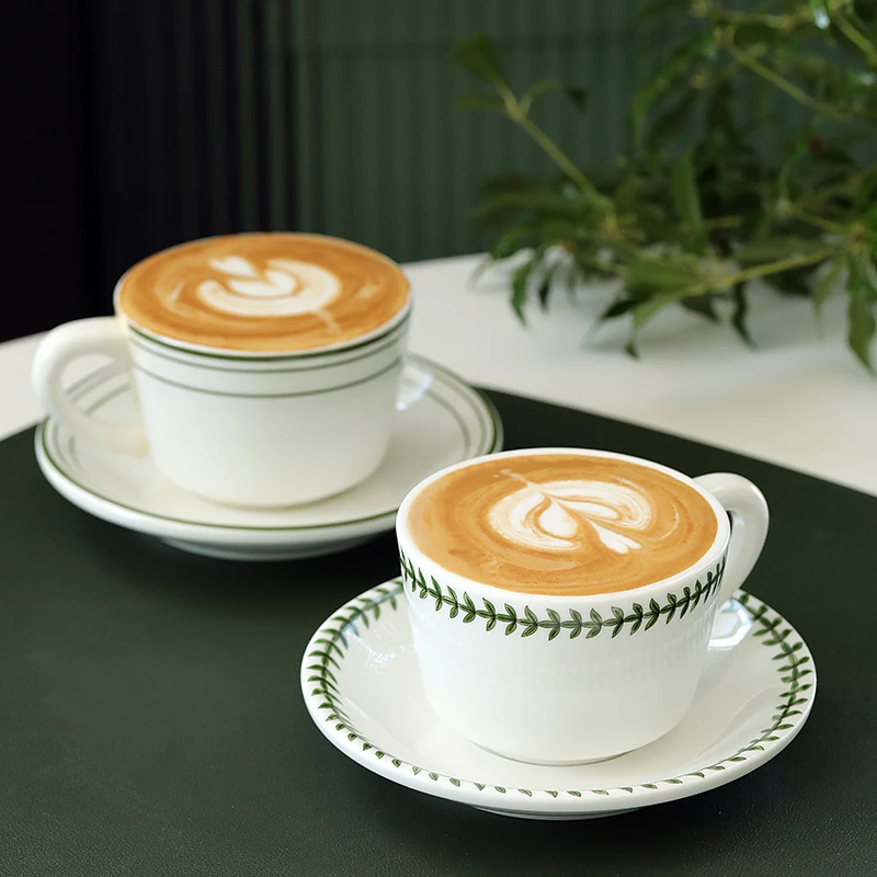 美式陶瓷杯 绿色描边咖啡杯带碟 小资下午茶杯子 家用拉花杯220ml