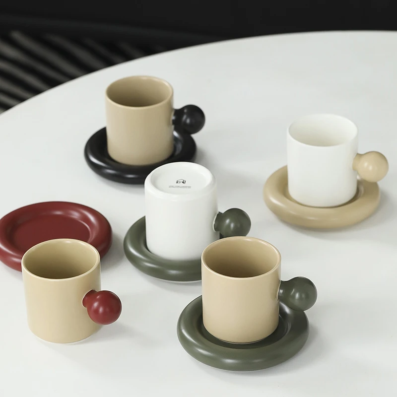 哑光面球手咖啡杯复古拼色马克杯ins风陶瓷杯带碟高颜值杯子300ml