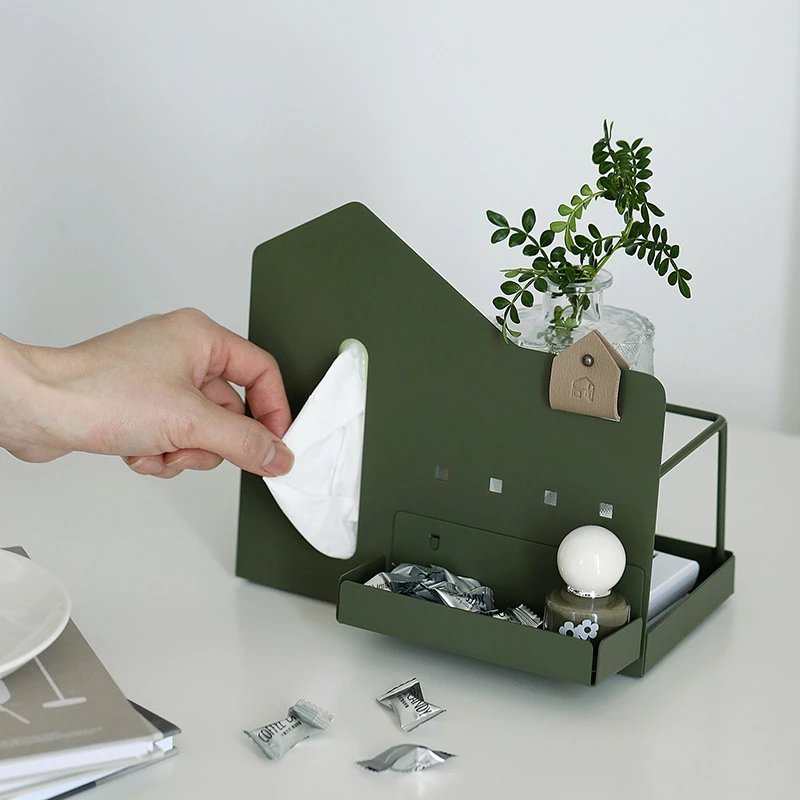 原创多功能收纳架 桌面纸巾盒 墨绿色纸巾架铁艺玄关整理洞洞托盘