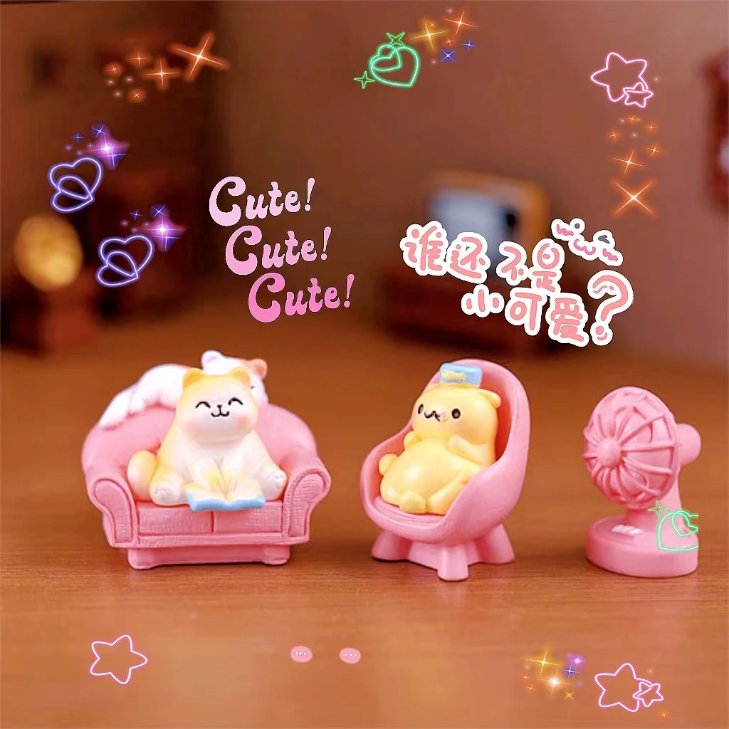 摆烂猫咪小摆件创意办公室治愈系装饰品微景观迷你沙发台灯小物件