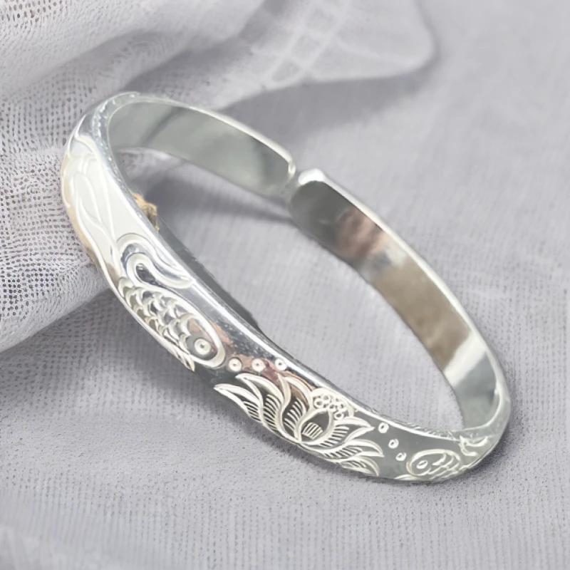 足银手镯 四宝银饰足银 999 荷花鱼开口手镯时尚百搭纯手工精美