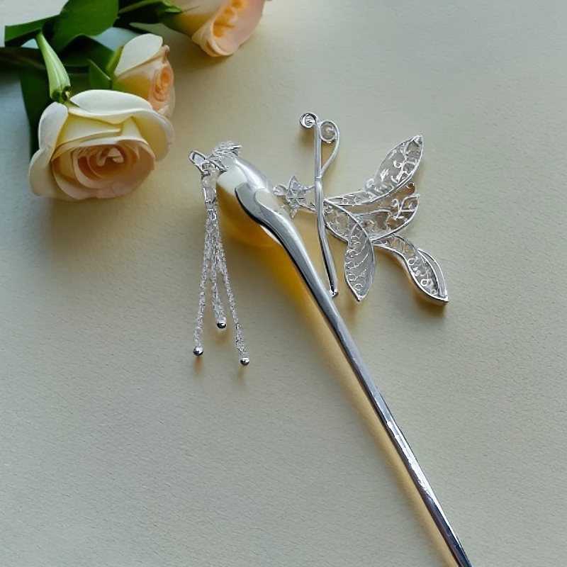 足银银制品 四宝银饰足银手工蝴蝶发簪气质百搭古风简约簪子时尚