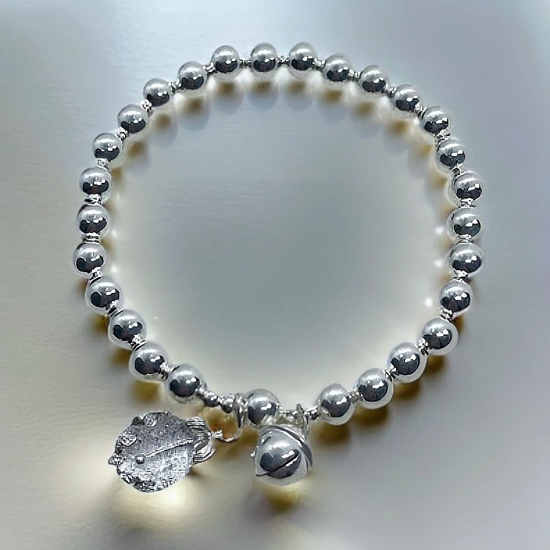 足银手链 四宝银饰足银珠珠铃铛手串百搭简约气质两世欢时尚弹力