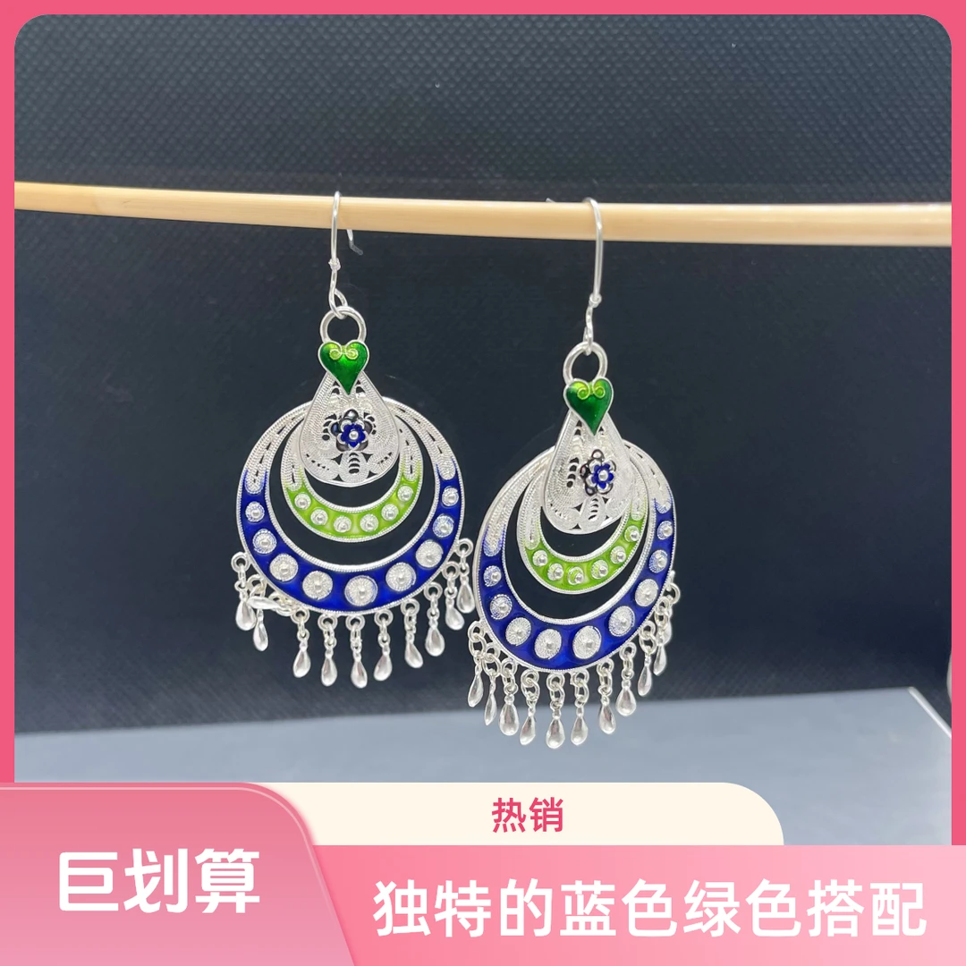 足银耳饰 四宝银饰足银珐琅彩风格女耳饰素款耳钉复古耳坠国风