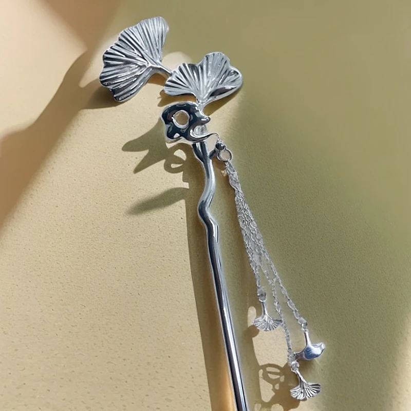 足银银制品 四宝银饰足银银复古杏叶发簪简约时尚素款簪子银制品