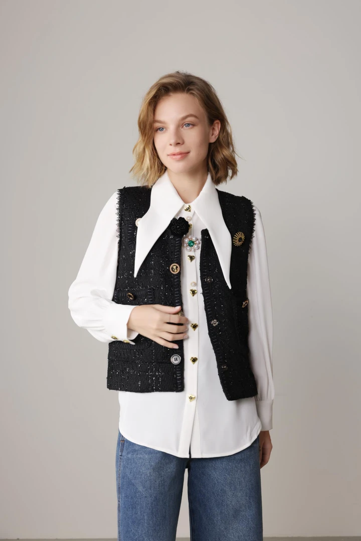 秋冬时尚网红气质黑色时尚马夹秋冬粗花呢小香风马甲牛仔0068