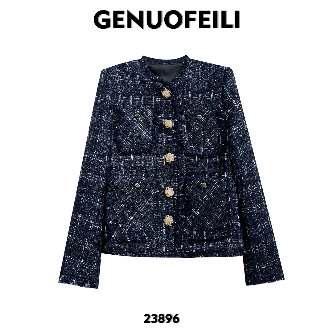 时尚百搭气质法式轻奢秋冬复古重工小香风外套长袖短款黑色23896