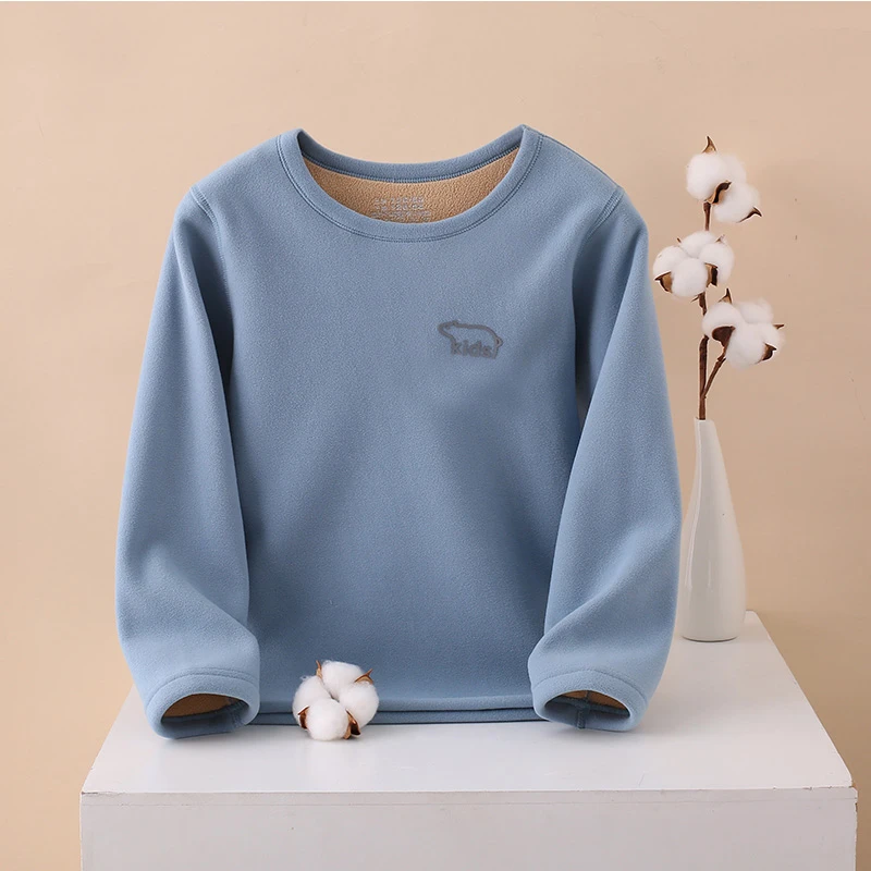 儿童内衣男童女童中大童加绒加厚保暖衣小孩圆领带绒秋衣单件上衣