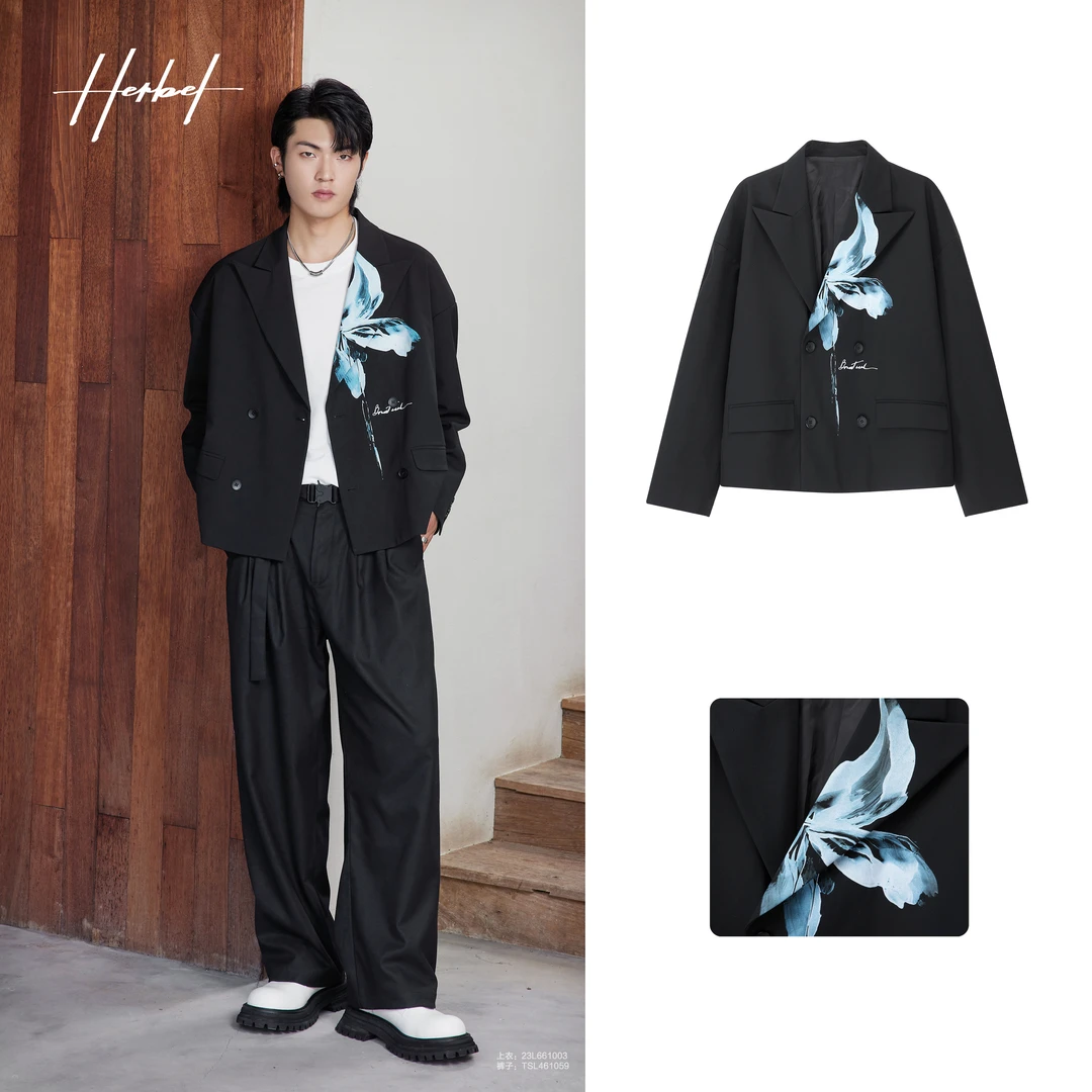 HERBEL/早秋穿搭  春季休闲痞帅时尚潮流西服外套百搭黑色设计感