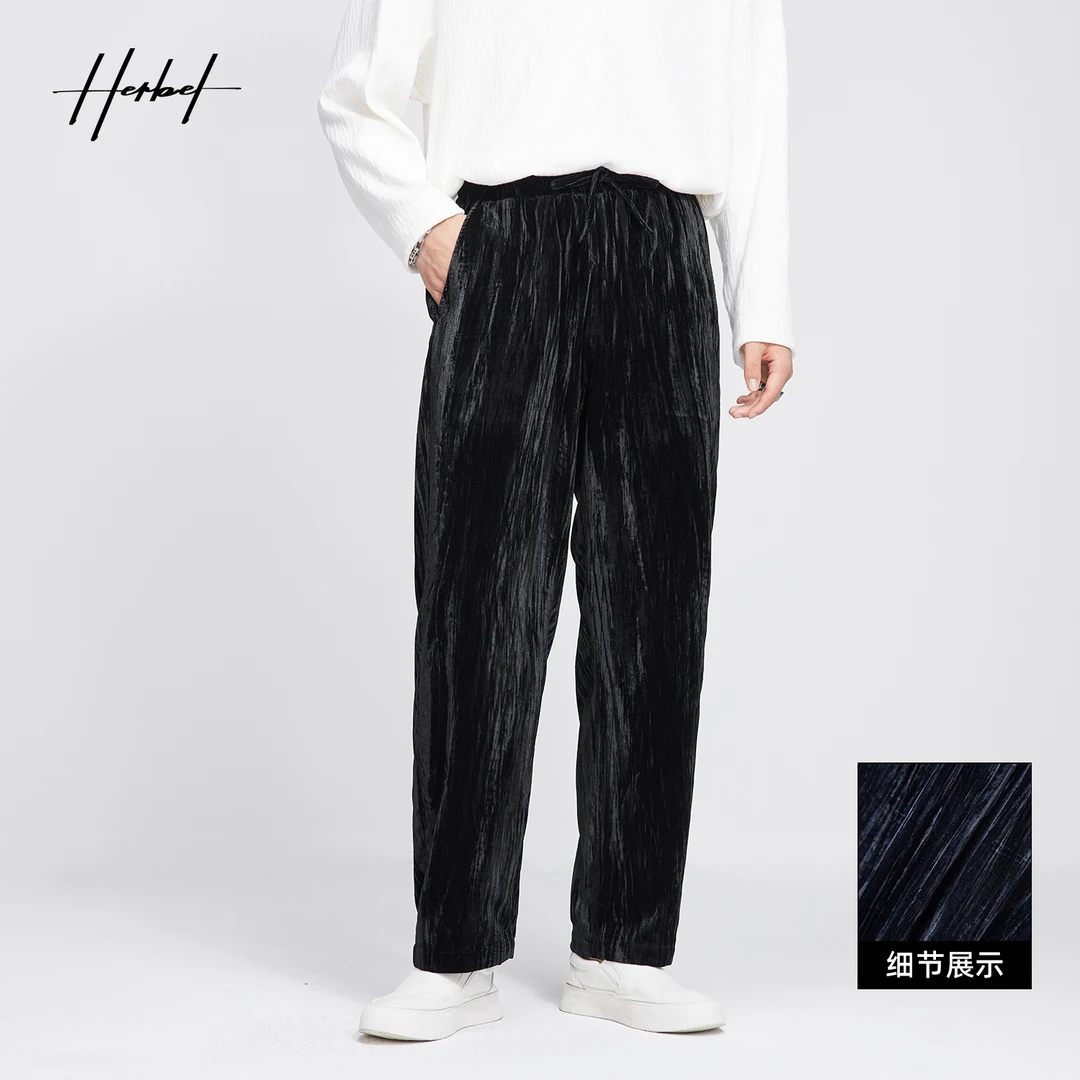 HERBEL/早秋穿搭   时尚黑色宽松男士休闲裤直筒宽松裤子户外潮