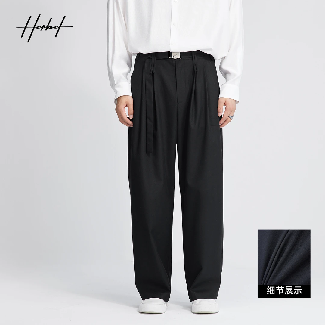 HERBEL/黑白2024早秋穿搭新款宽松直筒男士休闲裤显瘦裤子潮垂感1