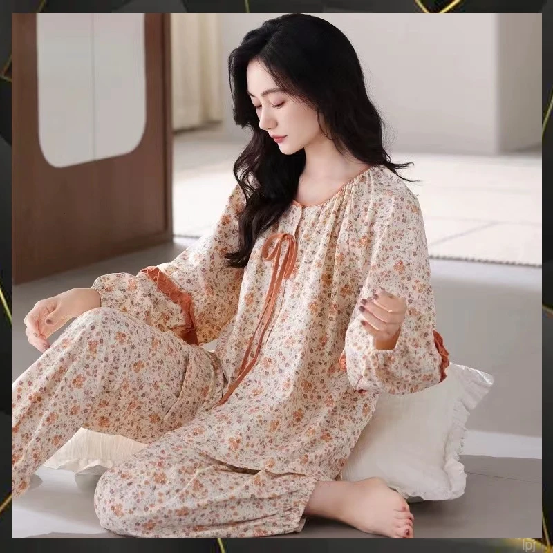 新款长袖大码宽松女士春秋甜美小碎花高级感睡衣女套装全棉家居服