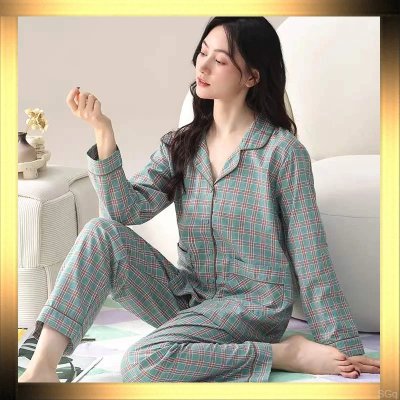睡衣女加大款七分睡衣家居服套装格子格子纯棉全棉睡衣女孩外穿