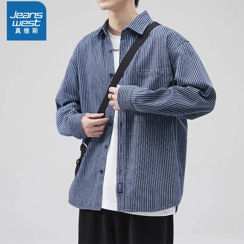 Jeanswest/真维斯秋冬休闲复古工装男士衬衫条纹百搭舒适休闲衬衣