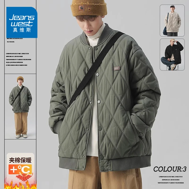 Jeanswest/真维斯棉衣男款冬季菱形格2025新款加厚棒球服复古棉服