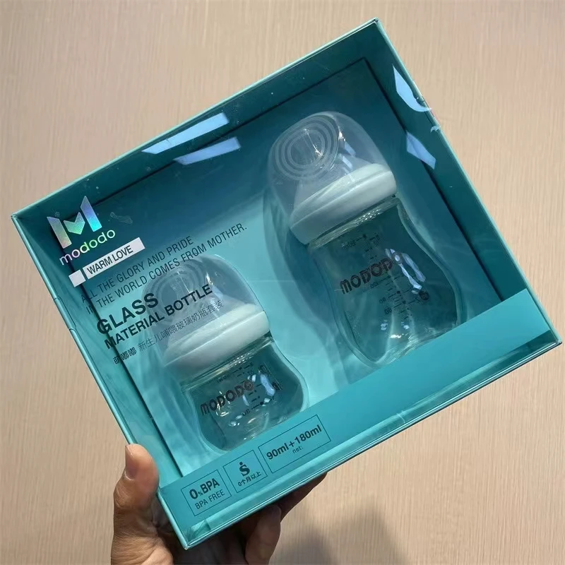 萌嘟嘟新生儿成长礼盒两件套玻璃奶瓶宽口径防胀气90ml+180ml