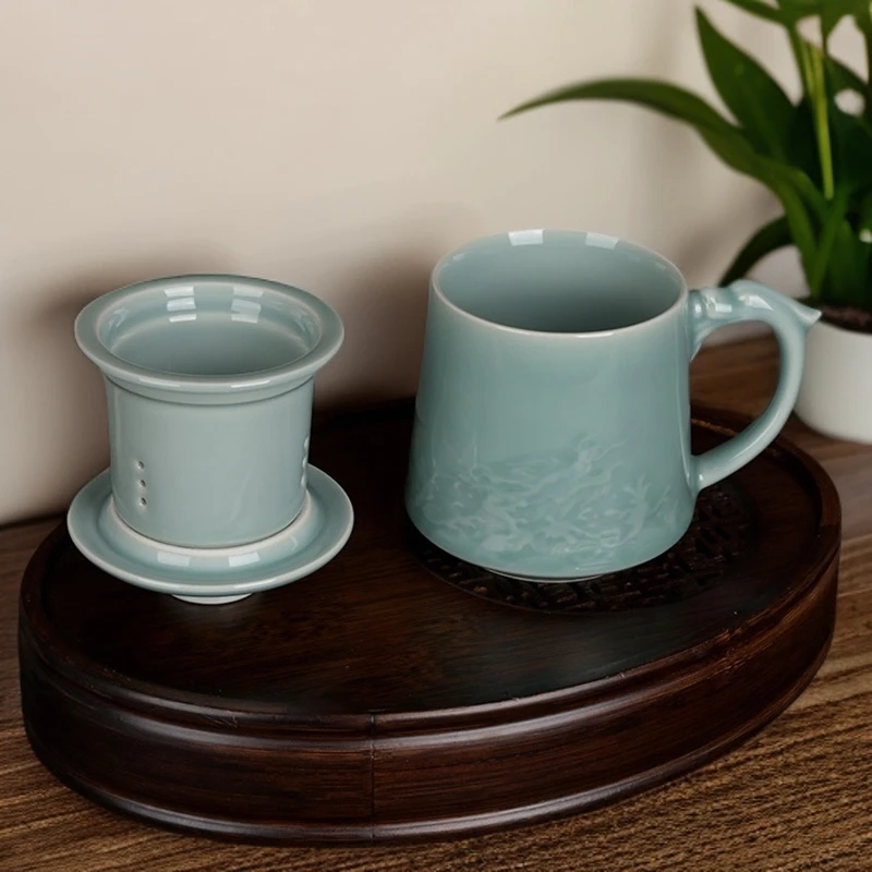 高档家用青瓷龙出海泡茶水杯带过滤同心杯陶瓷有柄茶杯办公杯礼品