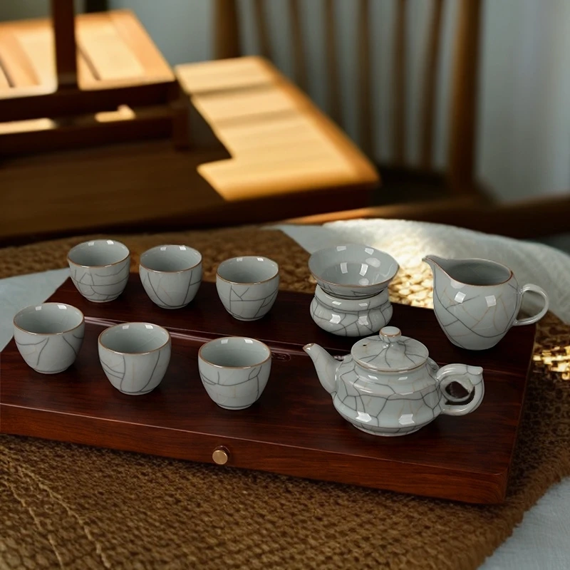 青瓷功夫茶具10头套装复古哥窑黑金双线陶瓷客厅家用泡茶家用茶具