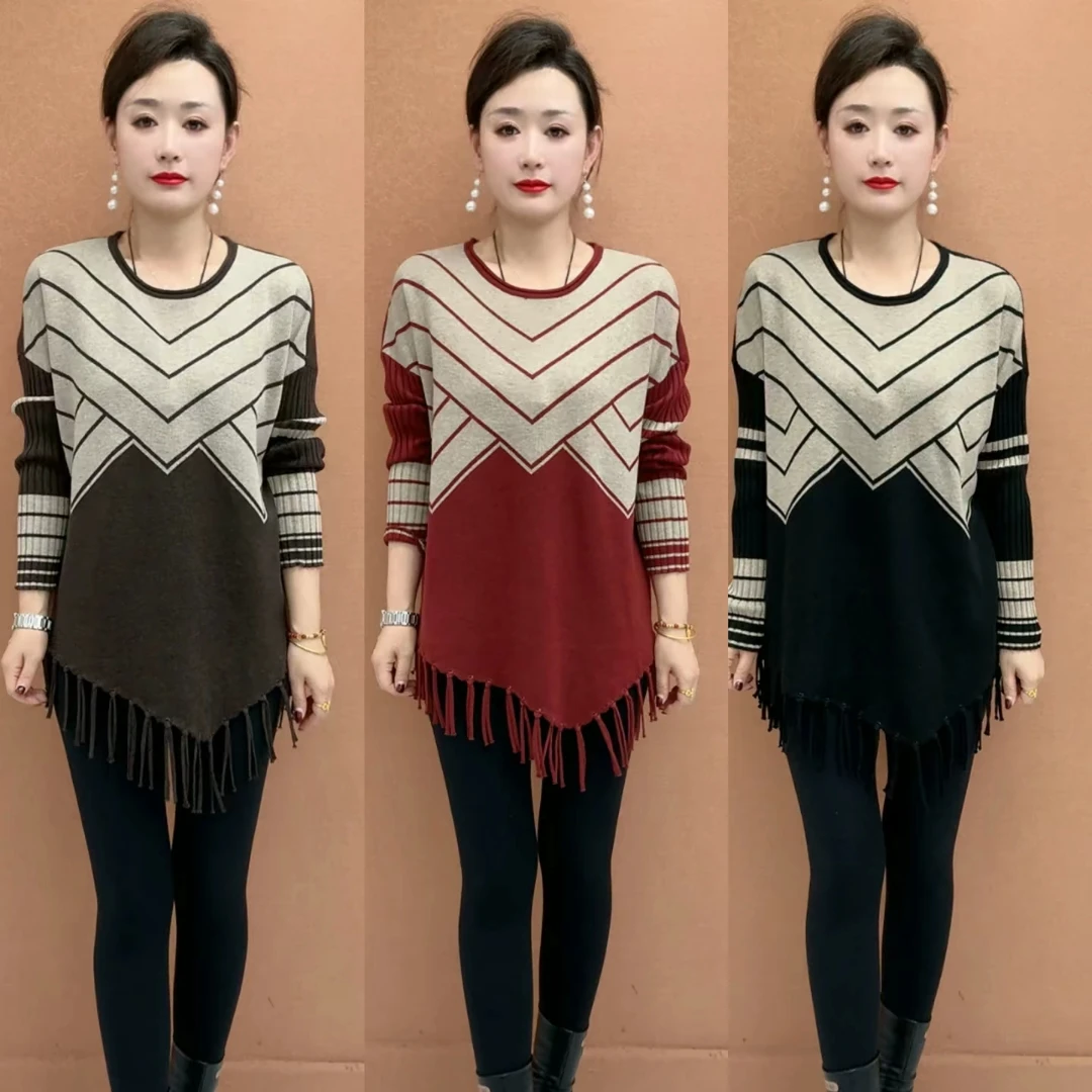 时尚圆领针织衫女秋冬宽松中长款毛衣妈妈装打底上衣中老年女装