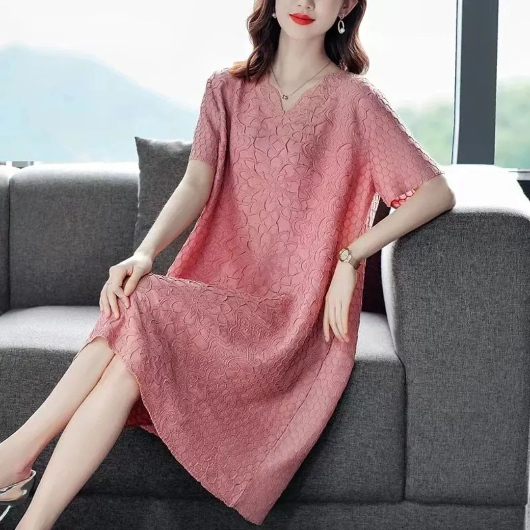 立体压花大码180斤褶皱连衣裙夏季时尚气质显瘦薄款高档女装妈装