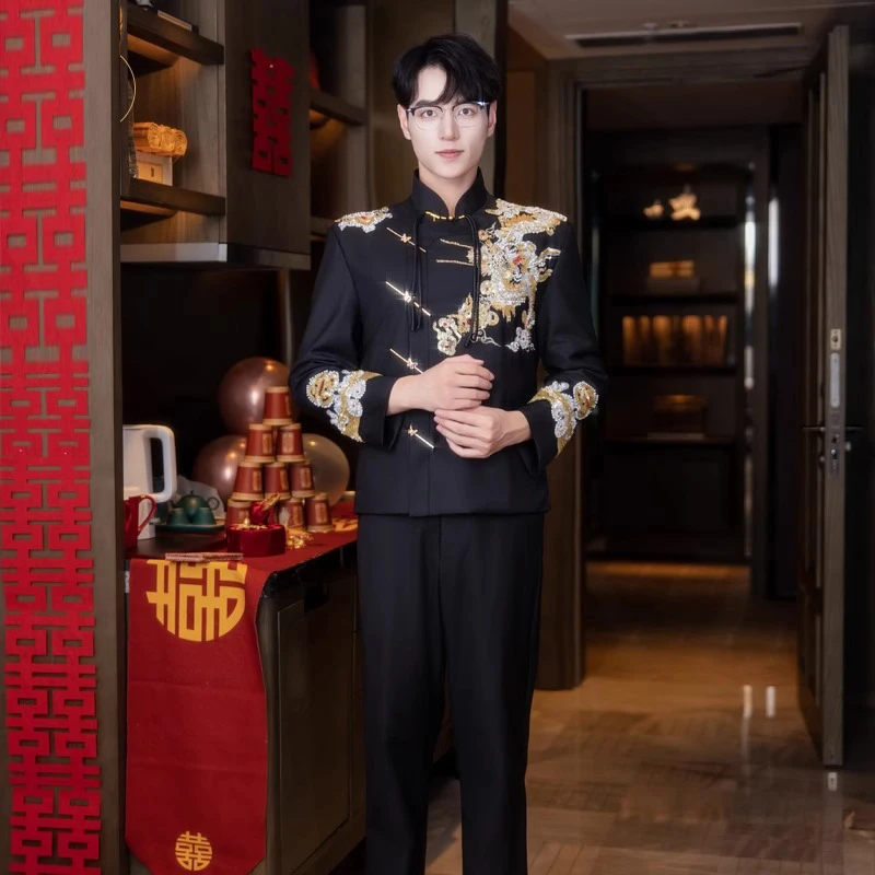 高端新中式新郎结婚西服2025订婚礼服中山装套装男刺绣接亲婚服秋