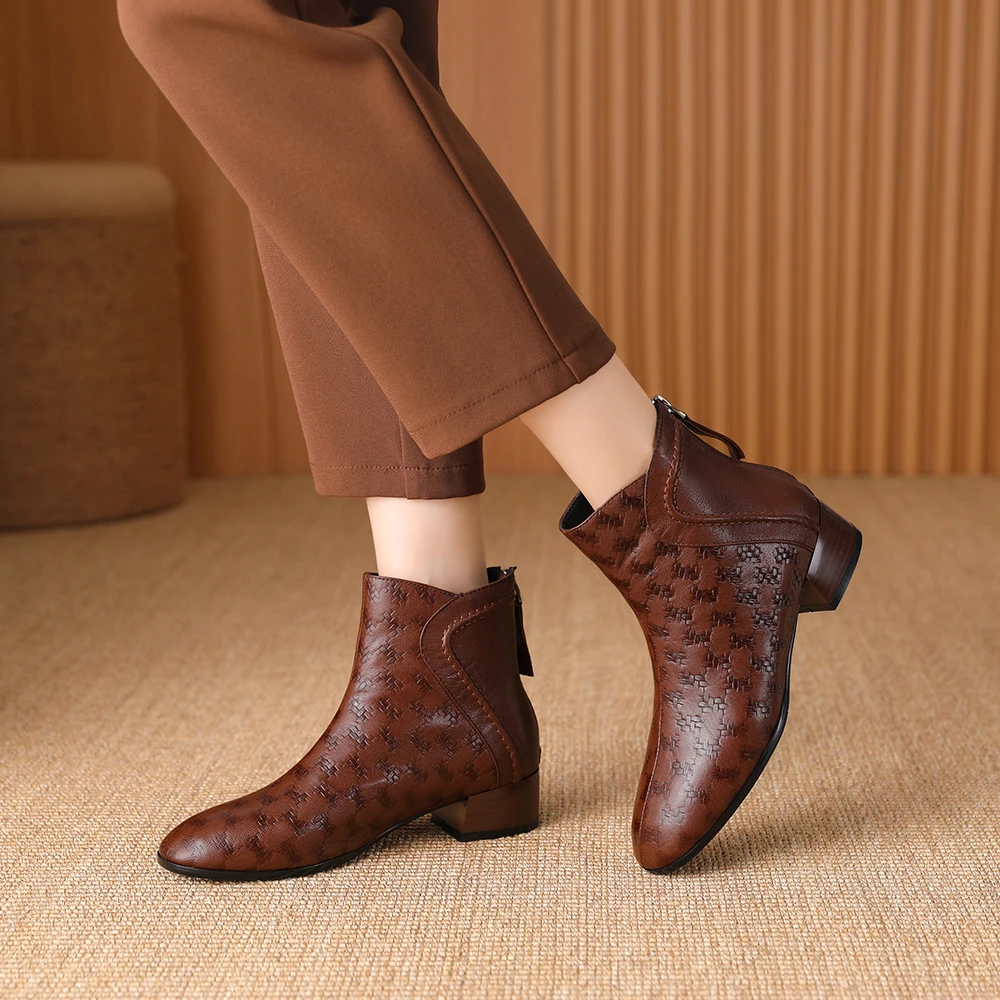 冬季短靴女新款中跟大码女鞋中老年粗跟真皮羊皮切尔西靴T892-Z92