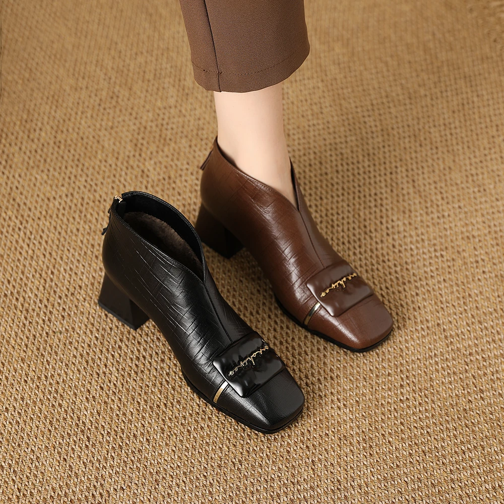 1690-2单靴子2024春季新款深口皮鞋方头中年妈妈鞋真皮及踝靴