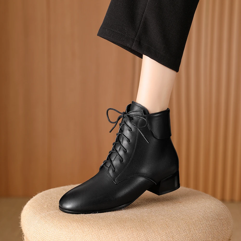 T892-Z95短靴女加绒冬季绵羊毛棉靴真皮靴子圆头粗跟妈妈鞋保暖