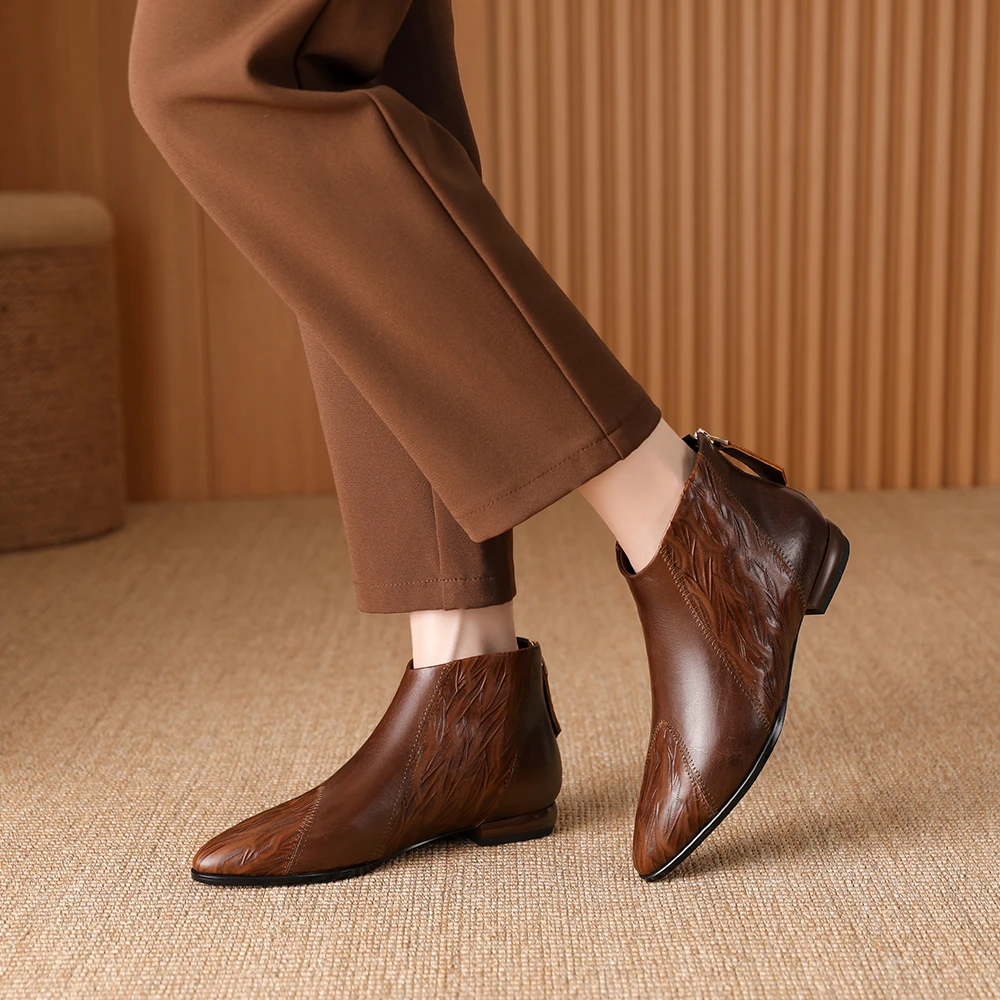 小短靴女平底低跟踝靴真皮靴子女鞋子1657-3