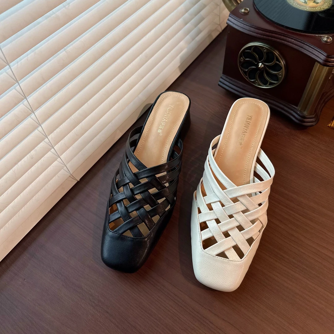 外穿包头拖鞋女2024夏季新款真皮编制罗马鞋凉拖镂空半拖1189