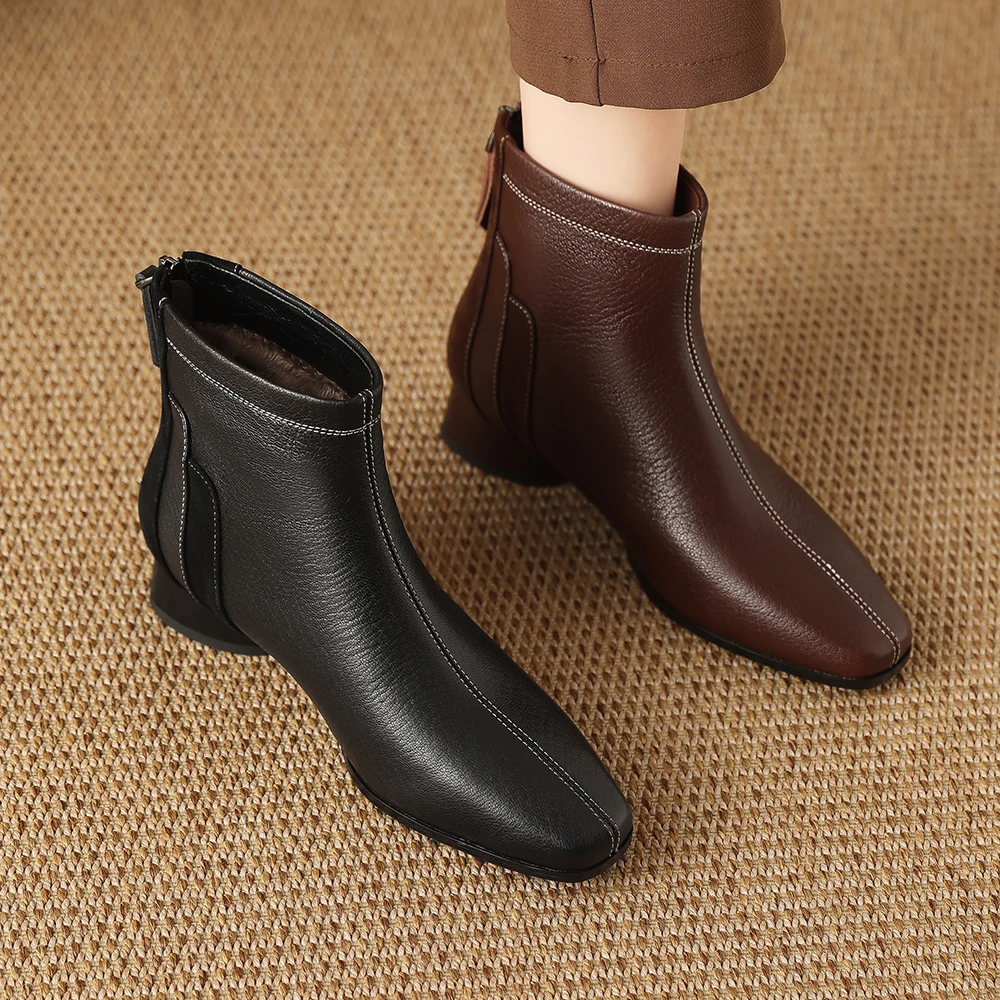 1863-8小方头粗跟中年短筒靴真皮秋冬季新款短靴低跟加绒单靴