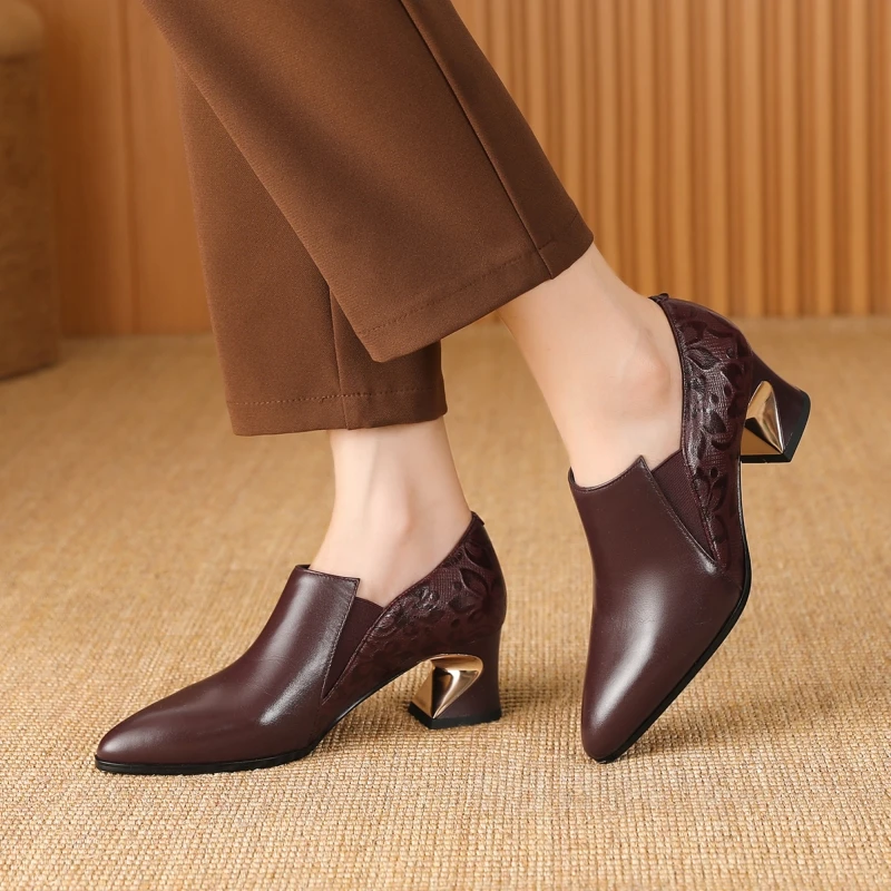 深口单鞋女士皮鞋百搭粗跟鞋真皮女鞋1553-8