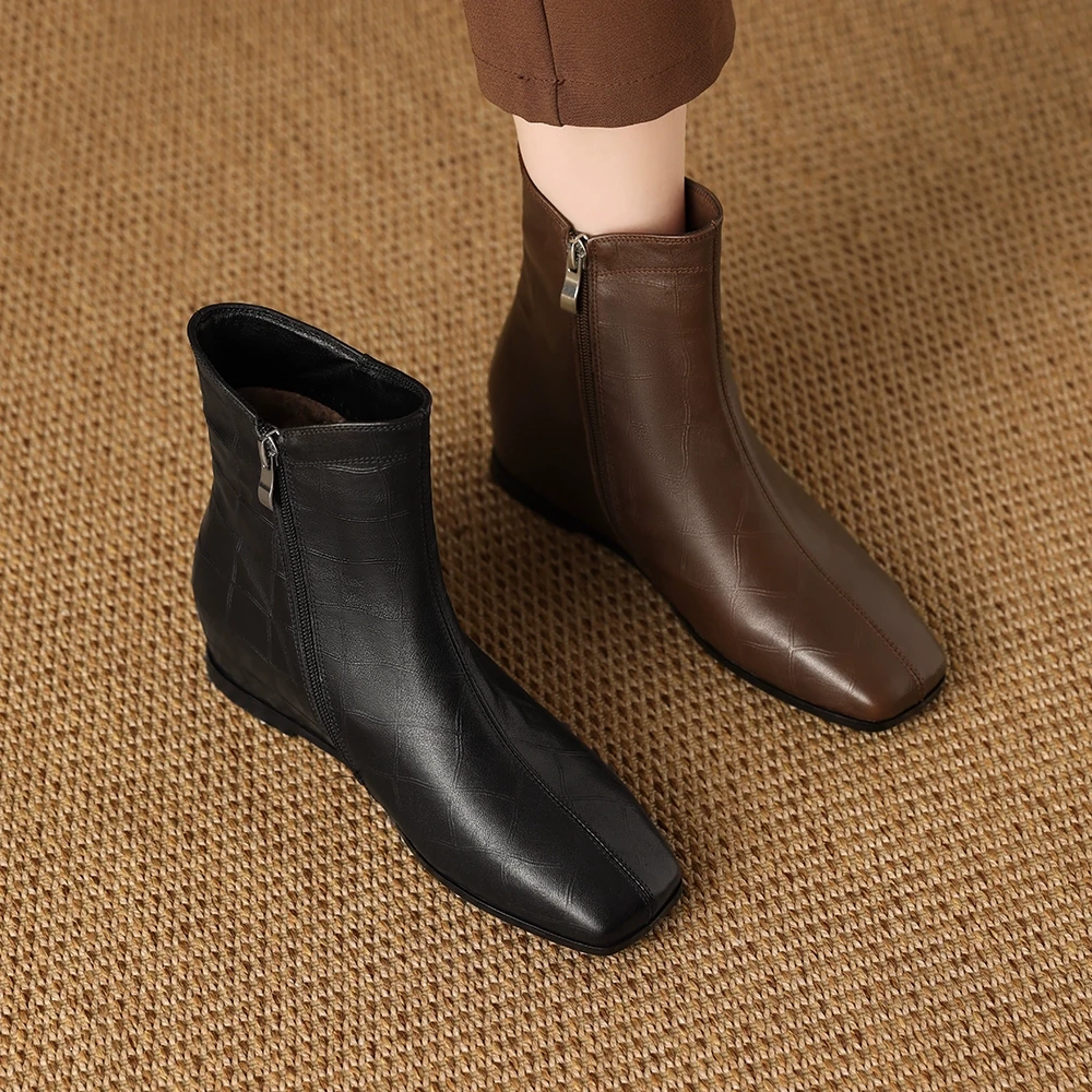 1866-6秋冬季低跟短靴女真皮方头加绒保暖中年短筒靴粗跟单靴
