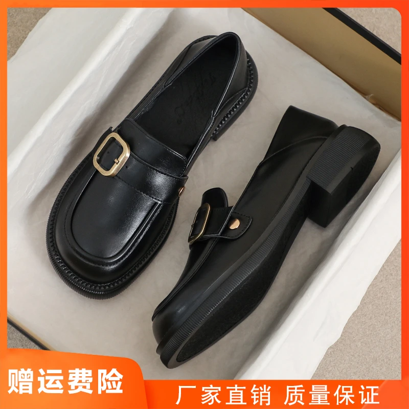 小皮鞋女厚底圆头英伦风真皮小黑色大码41工作软底乐福平底43单鞋