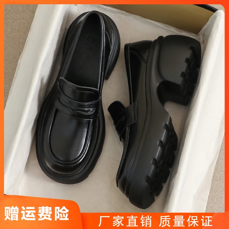 小皮鞋女厚底春秋季英伦风真皮工作高跟33小黑色增高34小码乐福鞋