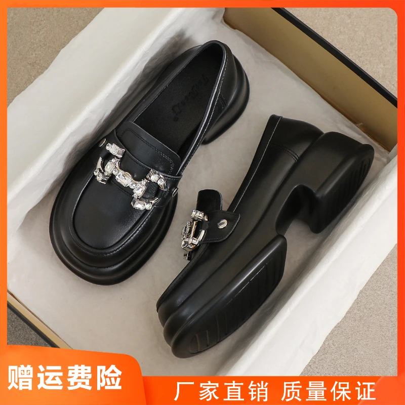 小皮鞋女高跟春秋英伦风小黑色33工作真皮厚底加绒乐福34小码单鞋