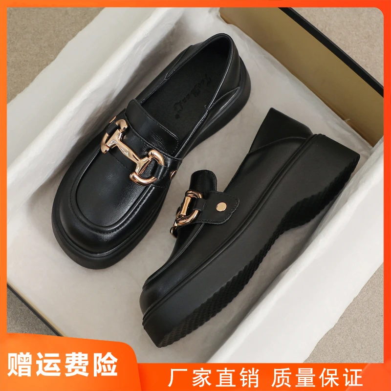 小皮鞋女厚底春秋英伦风真皮黑色舒适工作职业薄款软底小码乐福鞋